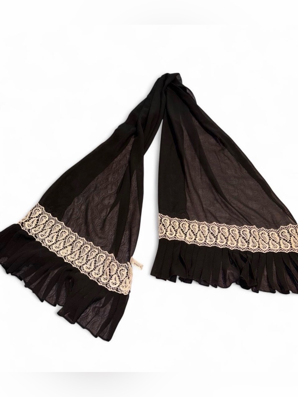 Y2K Black Scarf with Cream Lace Trim - Women's Accessory
